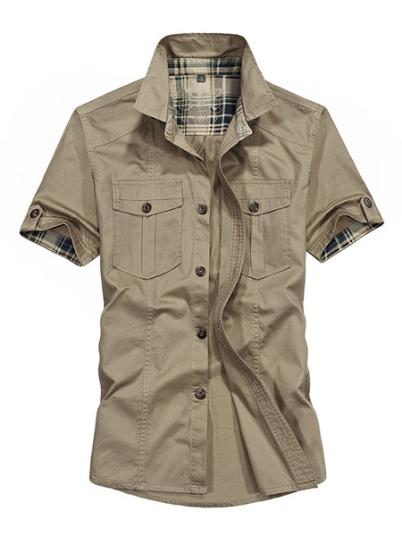 Milanoo Man's Casual Shirt Turndown Collar Casual Asymmetrical Light Brown Men's Shirts