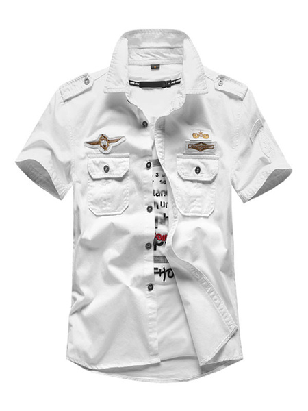 Milanoo Casual Shirt For Man Turndown Collar Casual Asymmetrical Patchwork White Men's Shirts