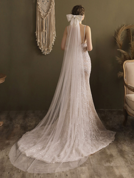 Milanoo White Wedding Veils One Tier Bows Tulle Cut Edge Waterfall Long Bridal Veils
