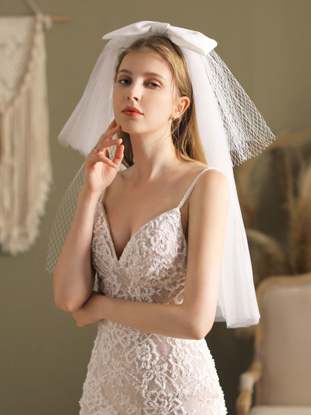 Milanoo White Wedding Veil Two Tier Bows Mesh Cut Edge Drop Medium Length Bridal Veil