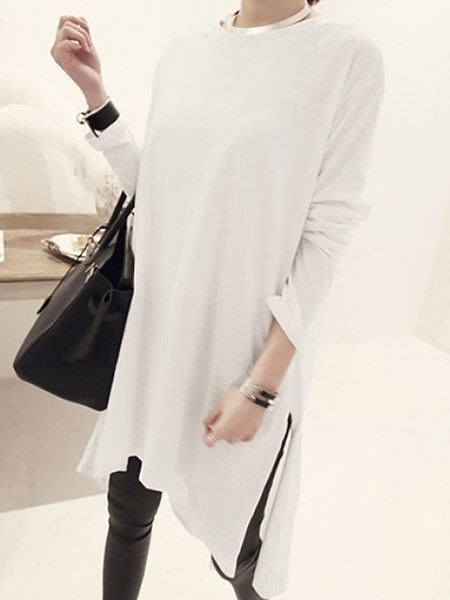 Milanoo Light Grey Maxi Dress Long Sleeves Jewel Neck Cotton Women T Shirt Dress