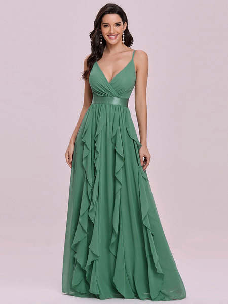 Milanoo Green Prom Dress A-Line V-Neck Sleeveless Backless Sash Floor Length Chiffon Wedding Guest D