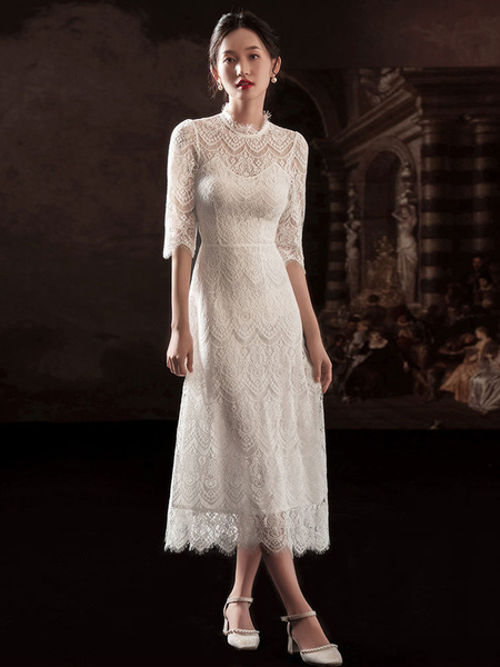 Milanoo White Simple Wedding Dress A-Line Jewel Neck Half Sleeves Lace Tea Length Bridal Gowns