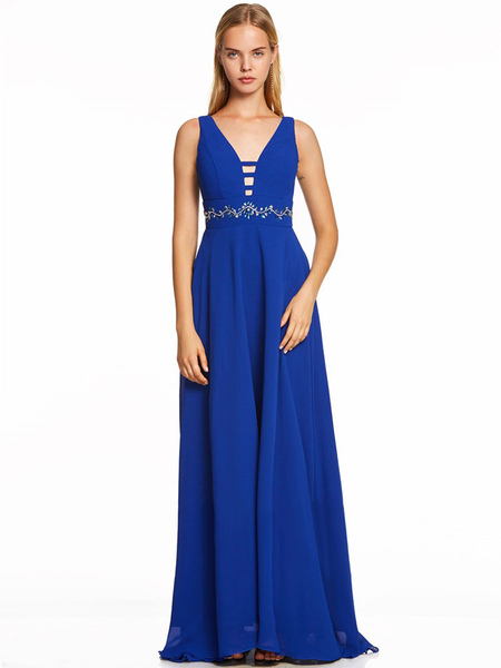 Milanoo Royal Blue Prom Dress A-Line V-Neck Chiffon Sleeveless Backless Sash Floor Length Pageant Dr