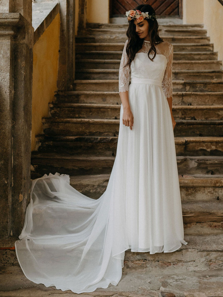 Milanoo Weißes einfaches Hochzeitskleid Spitze Juwelenhals halbe Ärmel rückenfreie A-Linie Spitze Ch