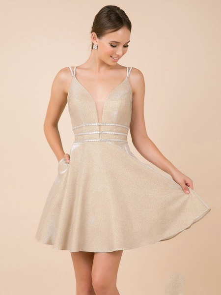 Milanoo Champagne Prom Dress Polyester V-Neck A-Line Sleeveless Backless Beaded Short Party Dresses