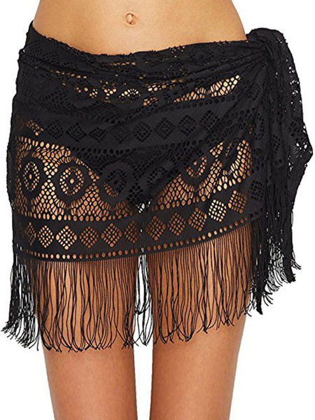 Milanoo Cover Ups For Women Black Lace Fringe Cut-Outs Stretch Polyester Summer Sexy Beach Swimwear