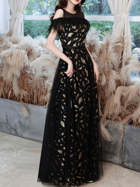 Milanoo Black Evening Dress A-Line Jewel Neck Lace Floor-Length Feathers Social Pageant Dresses