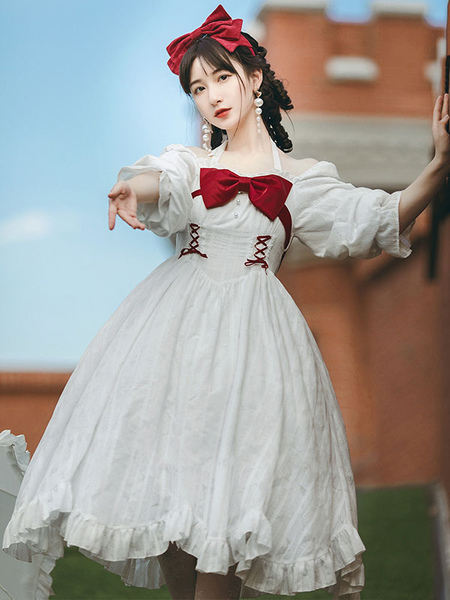 Milanoo Sweet Lolita OP Dress Long Sleeves Bowknot Lace Up Ruffles Casual Lolita One Piece Dress