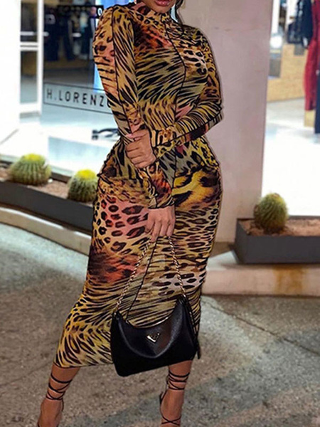 Milanoo Summer Dress High Collar Leopard Print Orange Long Beach Dress