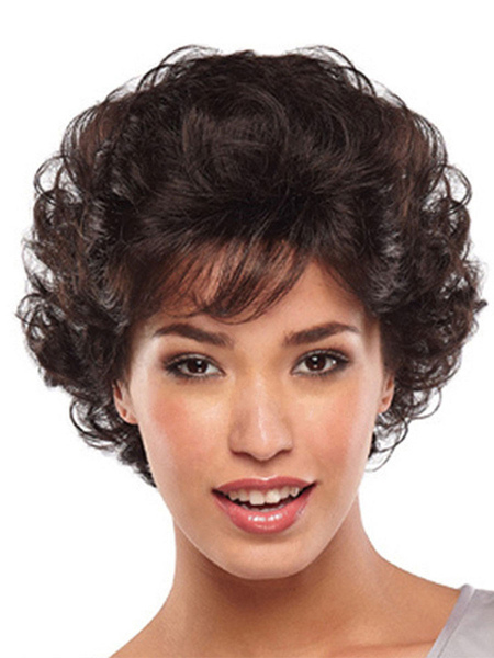 Image of Parrucche sintetiche Parrucca corta da donna corta arricciata in fibra resistente al calore marrone scuro