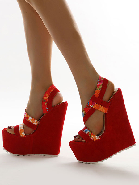 Women Wedge Sandals Red Amazing Terry Printed Open Toe Wedge Sandals