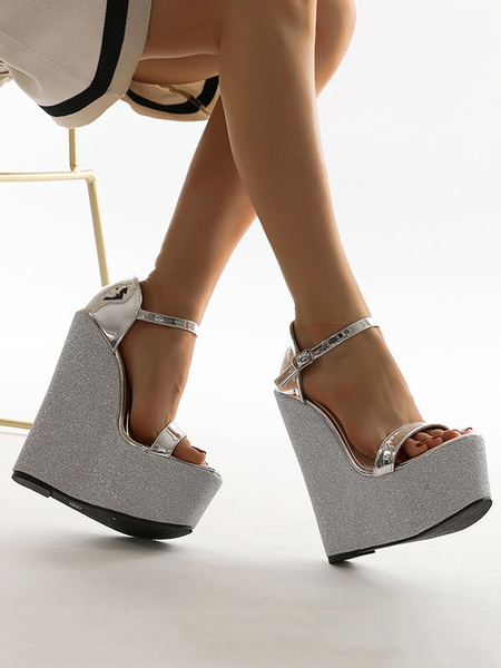 Wedge Sandals For Woman Attractive PU Leather Open Toe Sliver Wedge Sandals