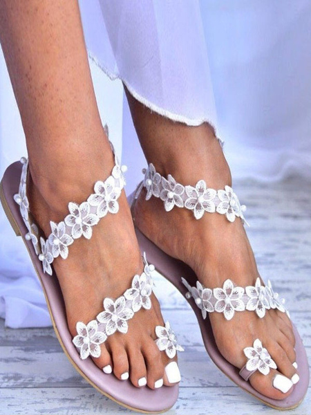 Milanoo Wedding Shoes PU Leather Violet Open Toe Flowers Flat Sandals