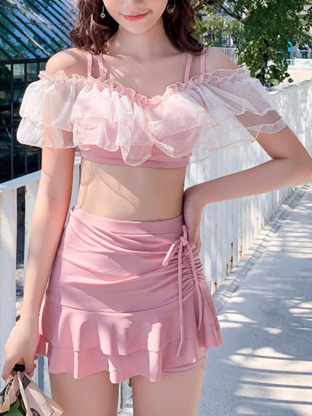 Milanoo Sweet Lolita Swimming Outfits Pink Lace Up Sleeveless Pants Top 2-Piece Set