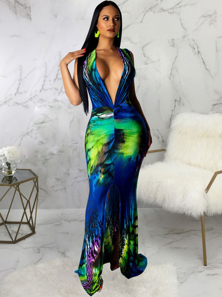 Milanoo Maxi Dresses Sleeveless Teal Two-Tone V-Neck Pleated Layered Polyester Floor Length Dress