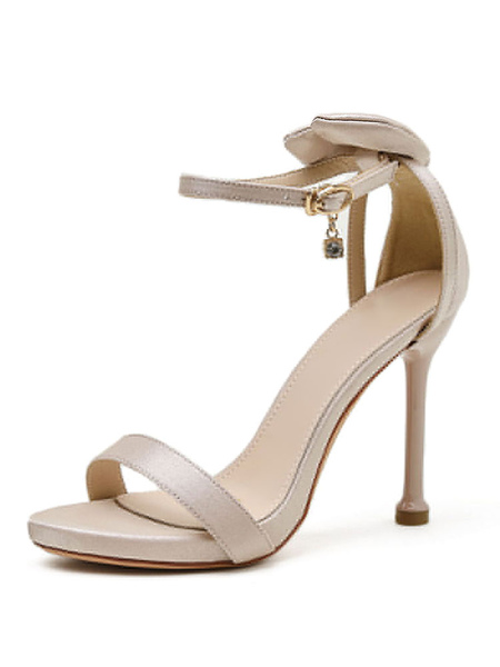 Milanoo Heel Sandals Apricot Spike Heel Round Toe Silk And Satin PU Leather Pumps Ankle Strap Heels