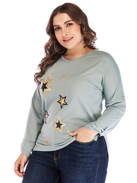 Milanoo Plus Size Blouse For Women Jewel Neck Long Sleeves Floral Printed Lycra Spandex Polyester Ov