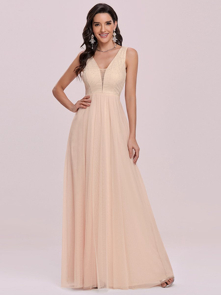 

Milanoo Champagne Prom Dress A-Line V-Neck Sleeveless Floor-Length Tulle Pageant Dresses Evening Dre
