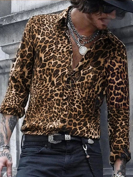 Milanoo Man's Casual Shirt Turndown Collar Simple Oversized Leopard Print Coffee Brown Men's Shir