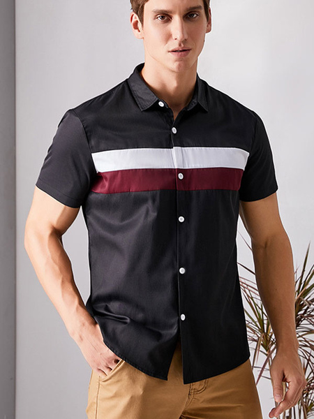 Milanoo Men's Casual Shirt Turndown Collar Simple Color Block Black Men's Shirts
