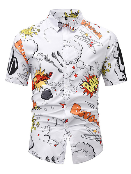 Milanoo Casual Shirt For Man Turndown Collar Artwork Artwork White Men's Shirts