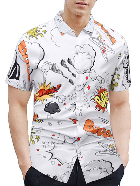 Milanoo Casual Shirt For Man Turndown Collar Artwork Artwork White Men\\'s Shirts