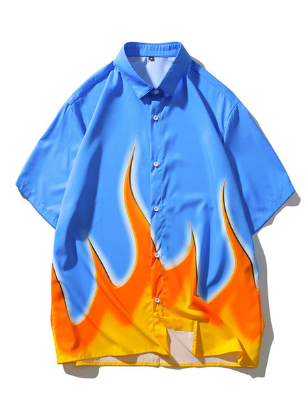 Milanoo Casual Shirt For Man Turndown Collar Artwork Printed Light Sky Blue Men's Shirts