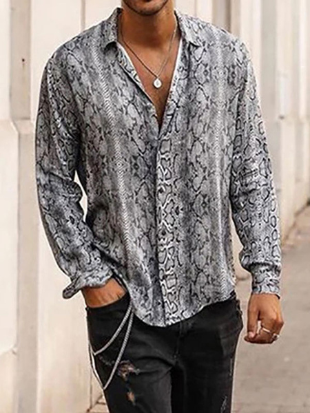 Milanoo Man\'s Casual Shirt Turndown Collar Simple Oversized Snake Print White Men\\'s Shirts