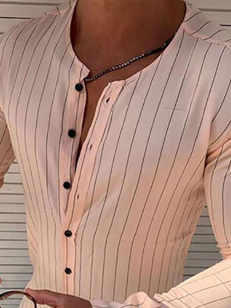 Milanoo Casual Shirt For Men Jewel Neck Classic Stripes Pink Men's Shirts