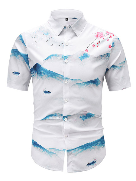 Milanoo Casual Shirt For Men Turndown Collar Chic Printed White Men's Shirts