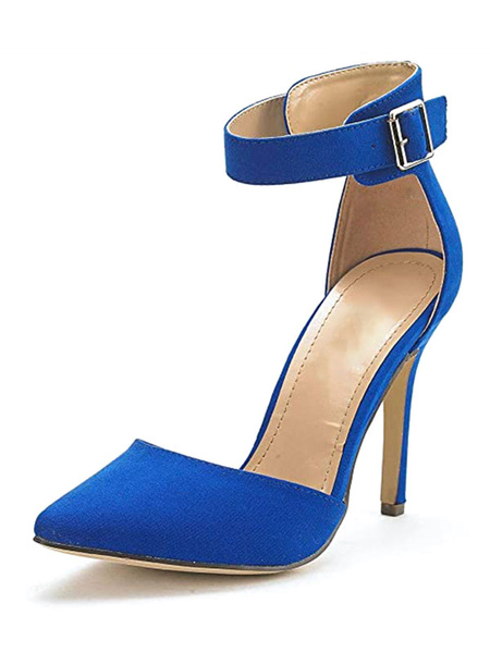 Milanoo Women's Blue Ankle Strap Heel Dorsay Pointed Toe Stiletto Heel Pumps