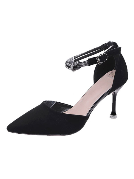Milanoo High Heels Ankle Strap Pointed Toe Stiletto Heel Rhinestones Chic Black Ankle Strap Heels