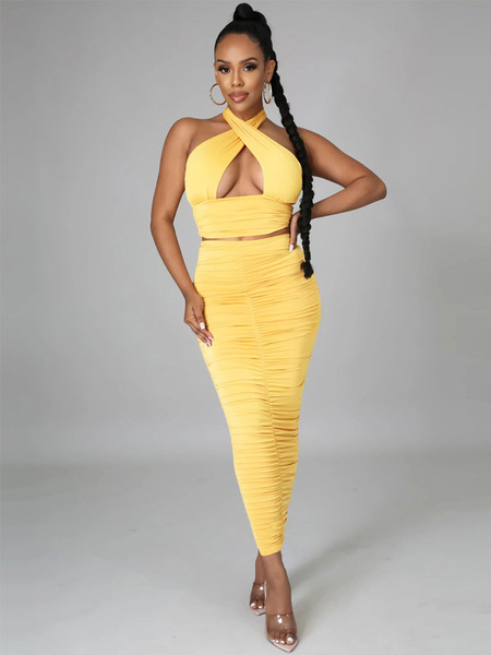 Milanoo Two Piece Sets Yellow Polyester V-Neck Pleated Sexy Sleeveless Summer Outfit