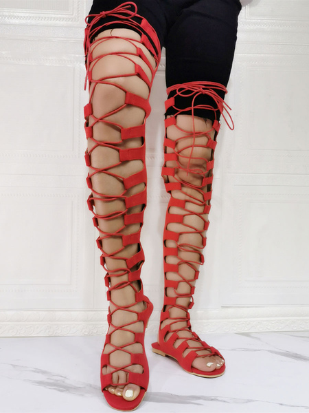 Image of Stivali estivi rossi open toe tacco piatto sandali gladiatore estivi in micro camoscio
