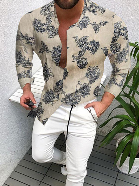 Milanoo Casual Shirt For Man Jewel Neck Chic Printed Light Brown Men's Shirts