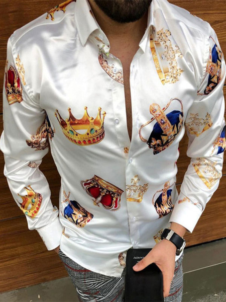 Milanoo Casual Shirt For Men Turndown Collar Chic Printed White Men\\'s Shirts