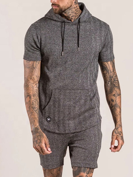 Milanoo Men\'s Activewear 2-Piece Short Sleeves Hooded Grey