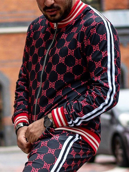 Milanoo Men Hoodies Red Jewel Neck Long Sleeves Printed Pattern Polyester Casual Sweatshirt