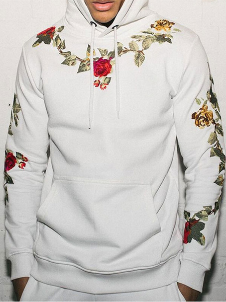 Milanoo Men Hoodies White Long Sleeves Printed Polyester Sweatshirt