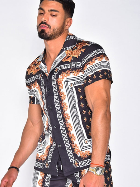 Milanoo Casual Shirt For Man Turndown Collar Printed Black Men's Shirts