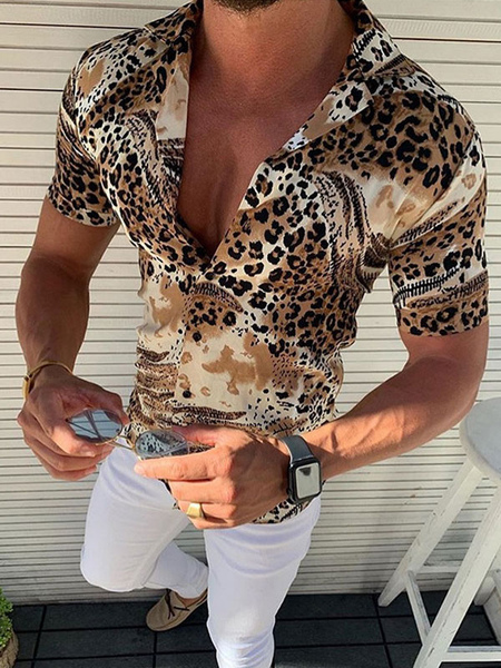 Milanoo Man's Casual Shirt Turndown Collar Casual Leopard Print Khaki Men's Shirts