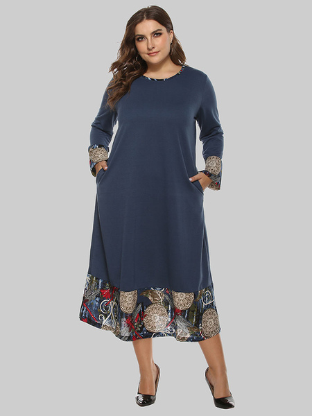 Milanoo Plus Size Maxi Dress Beep Blue Long Sleeves Jewel-Neck Polyester Oversized Long Dress