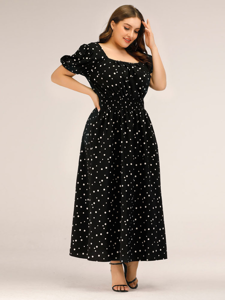 Milanoo Plus Size Maxi Dress Black Short Sleeves Square Neck Polyester Oversized Long Dress