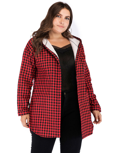 Milanoo Plus Size Coat For Women Red Hooded Neckline Long Sleeve Buttons Cotton Polyester Plaid Patt