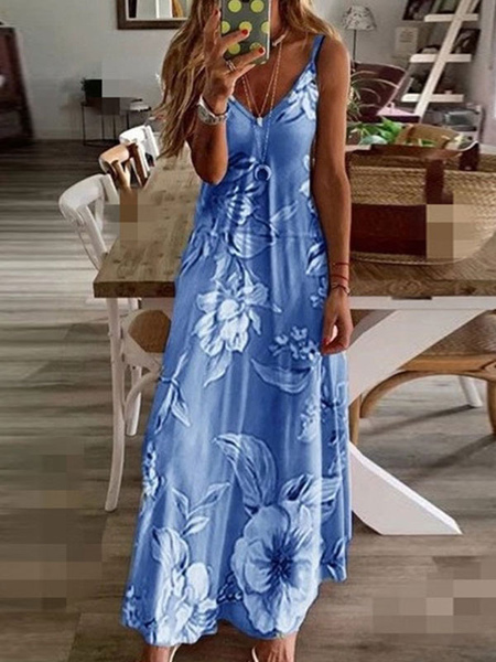 Milanoo Maxi Dresses Sleeveless Blue Floral Print V-Neck Polyester Summer Long Dress