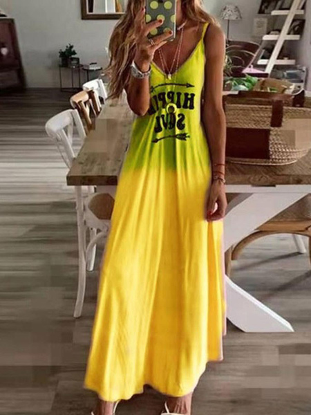 Milanoo Maxi Dresses Sleeveless V-Neck Sleeveless Polyester Yellow Summer Long Dress
