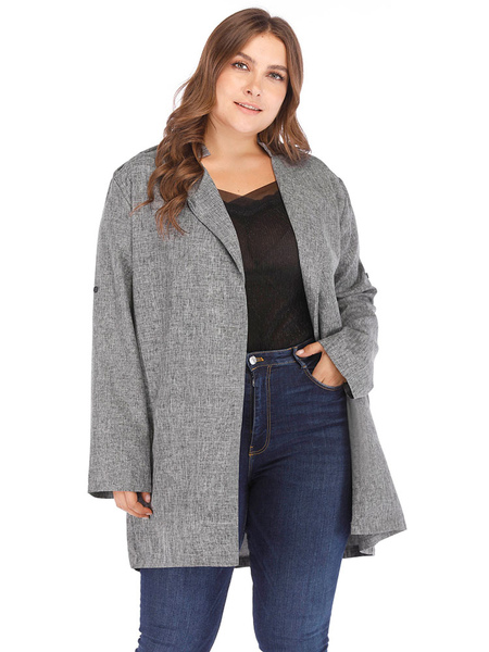 Milanoo Plus Size Coat For Women Grey Long Sleeves Cotton Polyester Stand Collar Breathable Oversize