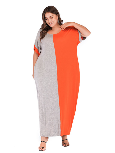 Milanoo Plus Size Maxi Dress Orange Red Two Tone Short Sleeves Jewel-Neck Polyester Oversized Long D