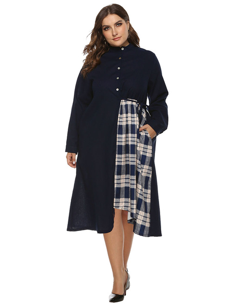 Milanoo Plus Size Midi Dress Navy Blue Long Sleeves Jewel Neck Lace Up Buttons Polyester Oversized M